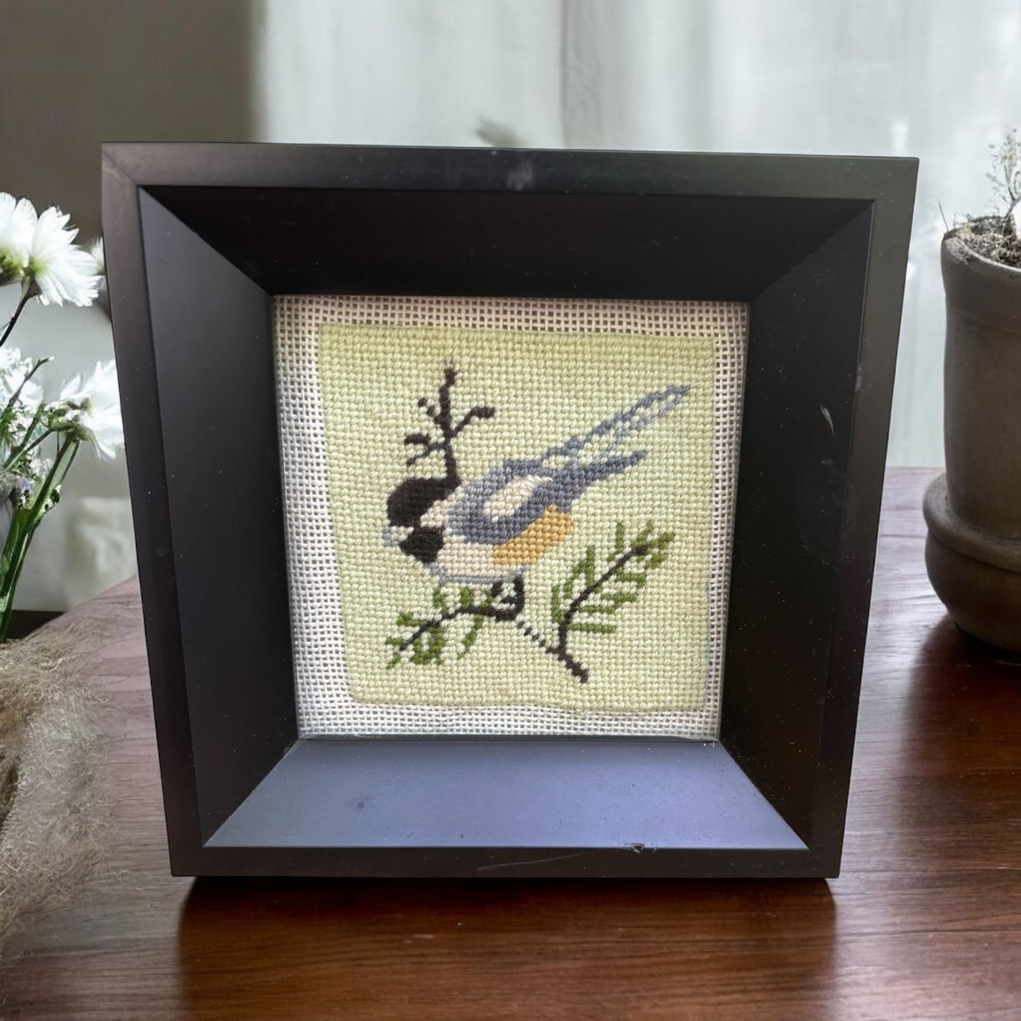 Framed Cross-Stitch Chickadee