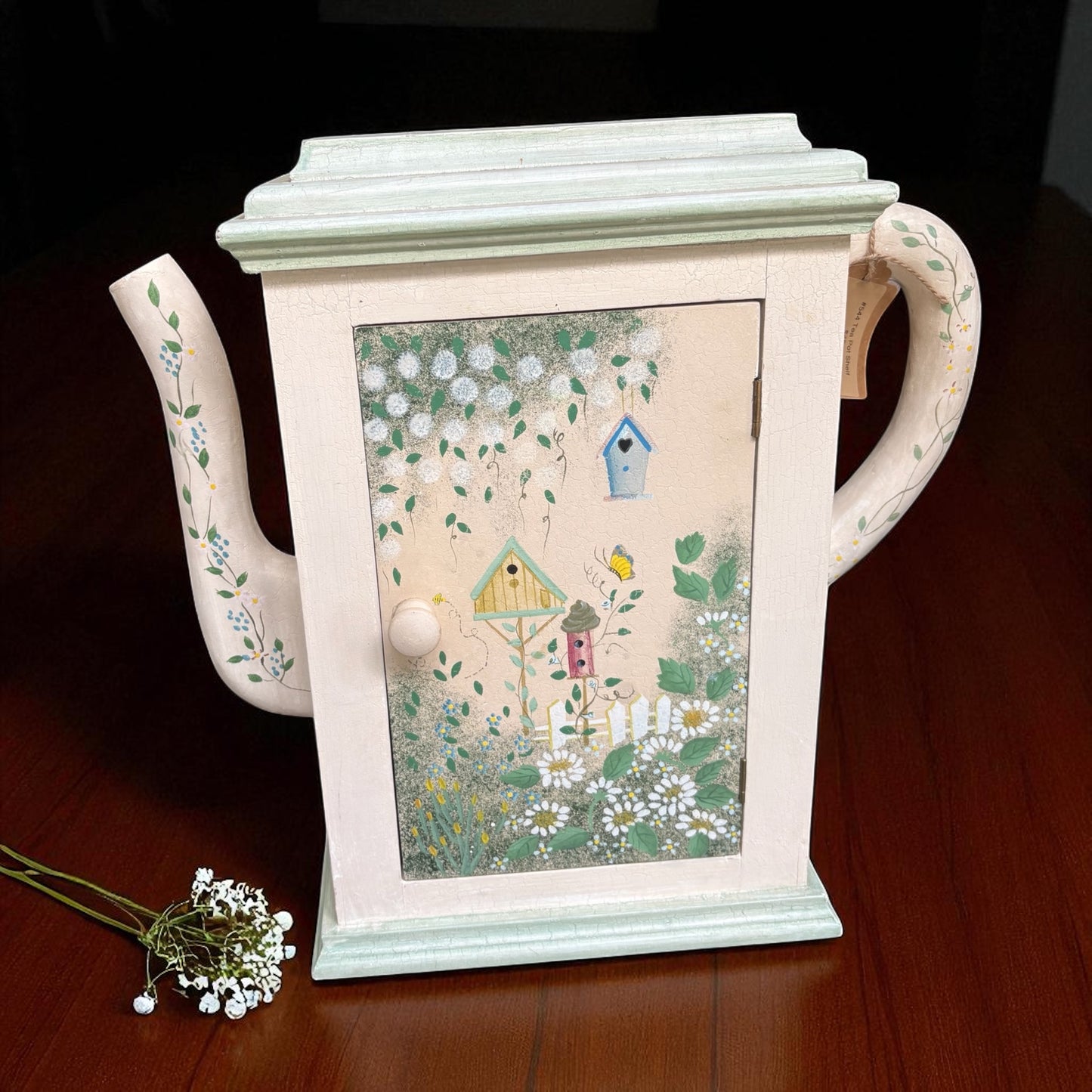 Vintage Hand-Painted Teapot Cabinet – Birdhouse Garden Scene