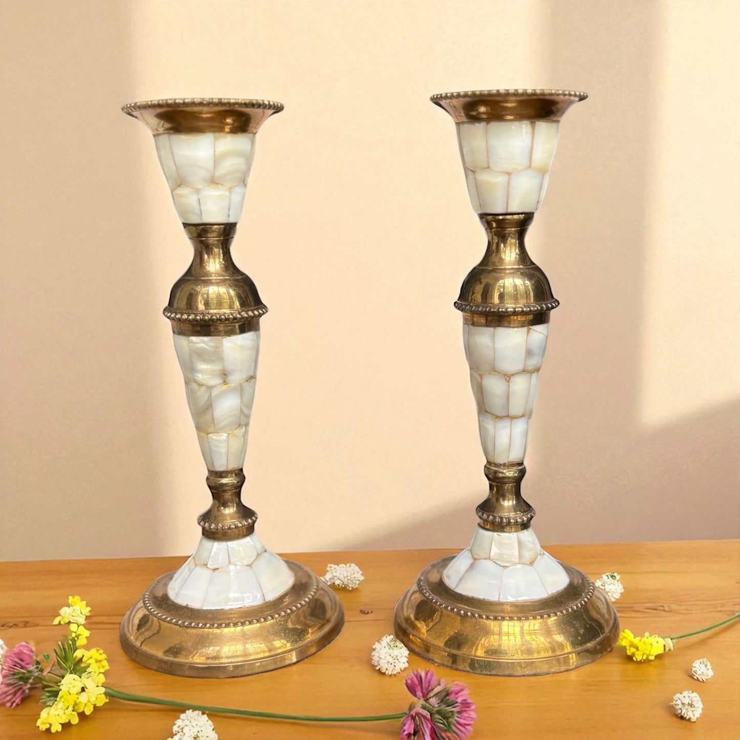 Vintage Brass & Mother of Pearl Candlestick Holders – Set of 2
