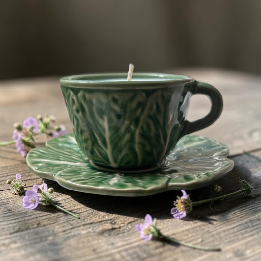 Bordallo Pinheiro Cabbage Teacup & Saucer Candle- Seaside Blossom (2oz)