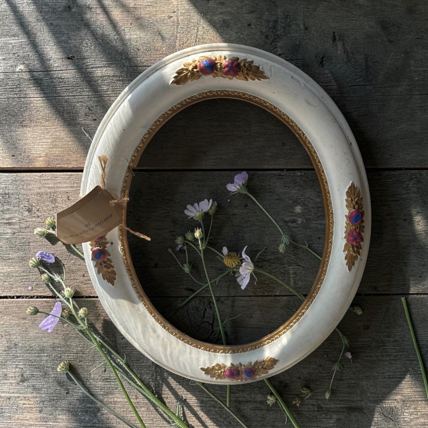Vintage Distressed Ivory Oval Floral Picture Frame