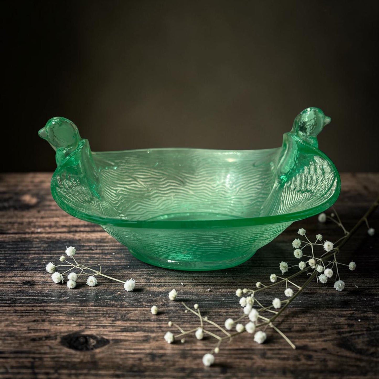 Vintage Fenton Green Depression Glass Double Bird Bowl
