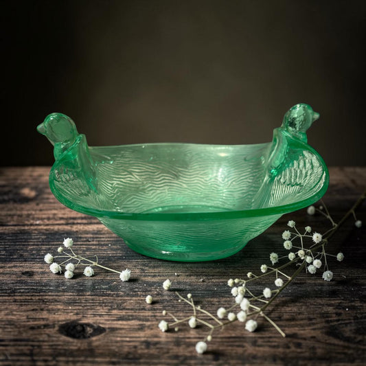 Vintage Fenton Green Depression Glass Double Bird Bowl