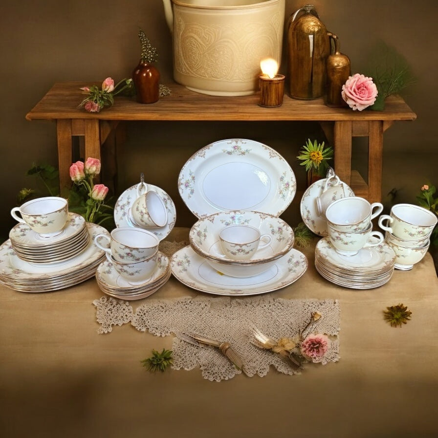 Homer Laughlin Eggshell Nautilus 44-Piece Dinnerware Set – Floral & Gold Rim