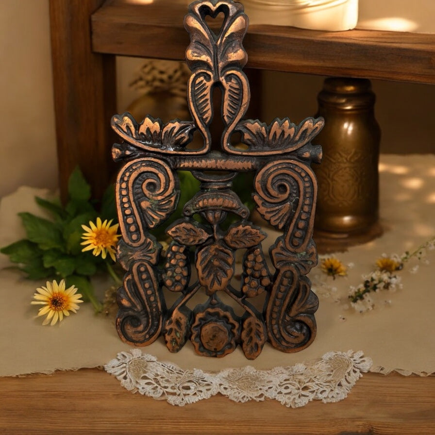 Vintage Bronze Cast Iron Trivet – Grape & Vine Design