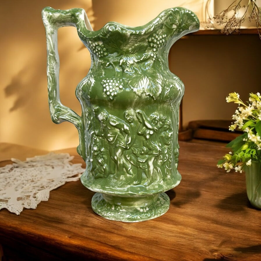Vintage Green Majolica-Style Relief Pitcher