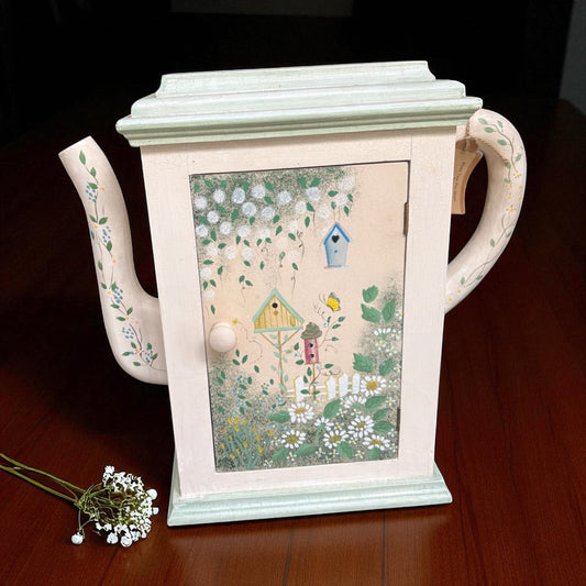 Vintage Hand-Painted Teapot Cabinet – Birdhouse Garden Scene