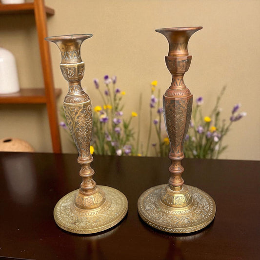 Vintage Etched Brass Candlestick Holders – Handcrafted Floral Pair