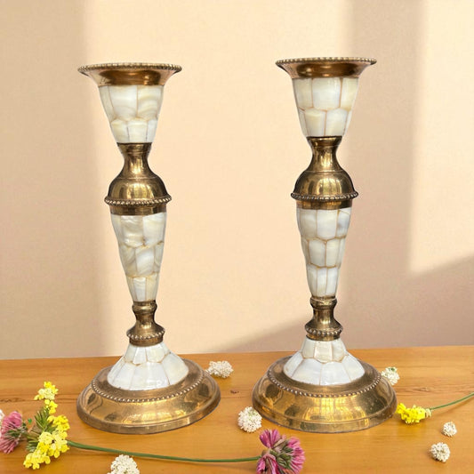 Vintage Brass & Mother of Pearl Candlestick Holders – Set of 2