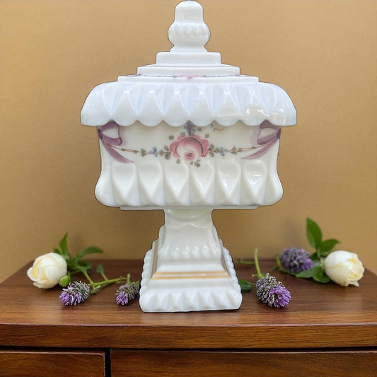 Pedestal Floral Milk Glass Lidded Dish Candle – Sandalwood & Rose (9.5 oz)