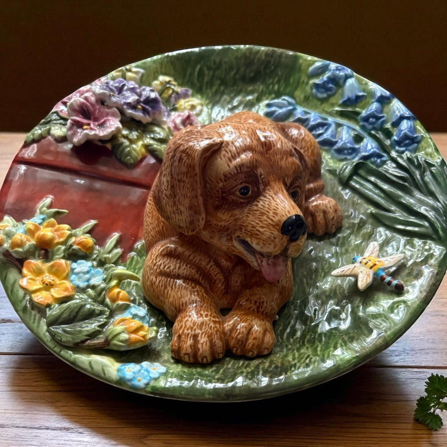 Vintage 3D Dog Plate – Hand-Painted Ceramic