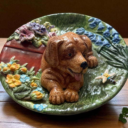 Vintage 3D Dog Plate – Hand-Painted Ceramic