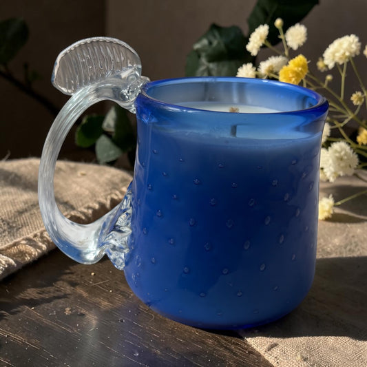 Hand-Blown Cobalt Blue Glass Mug Candle- Rain + Angelica (11.5oz)