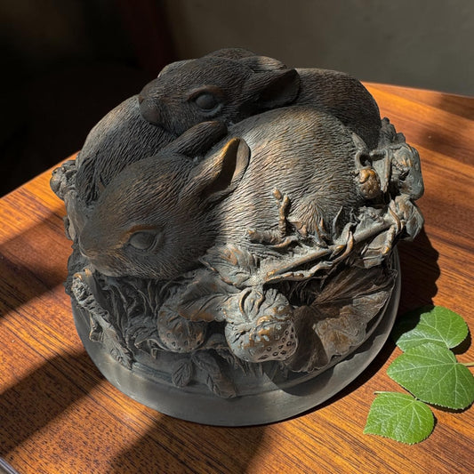 Vintage Biligree Three Bunny Nesting Clay Sculpture