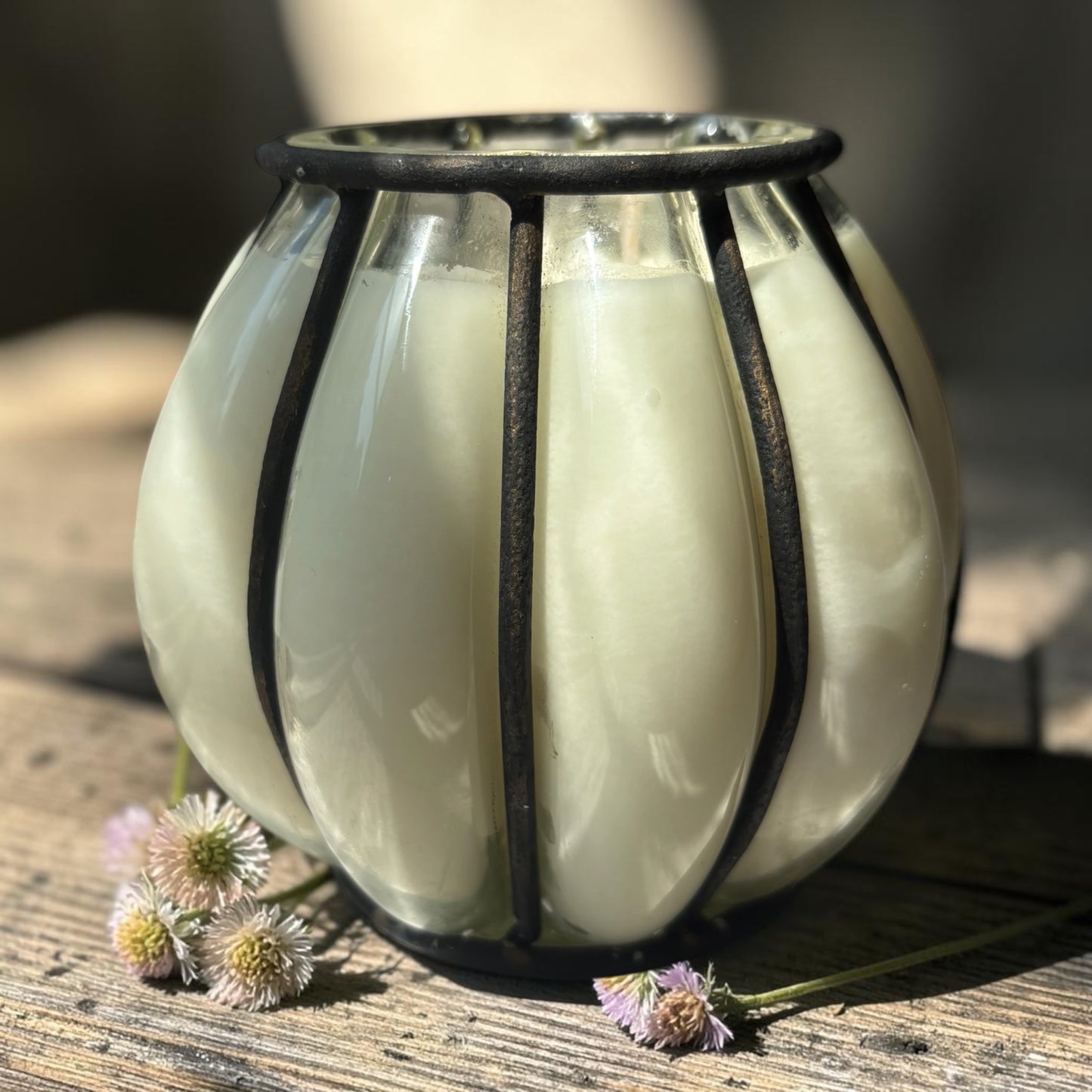 Blown Glass & Wrought Iron Cage Candle | Mahogany Coconut | 22 oz