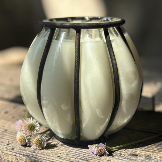 Blown Glass & Wrought Iron Cage Candle | Mahogany Coconut | 22 oz